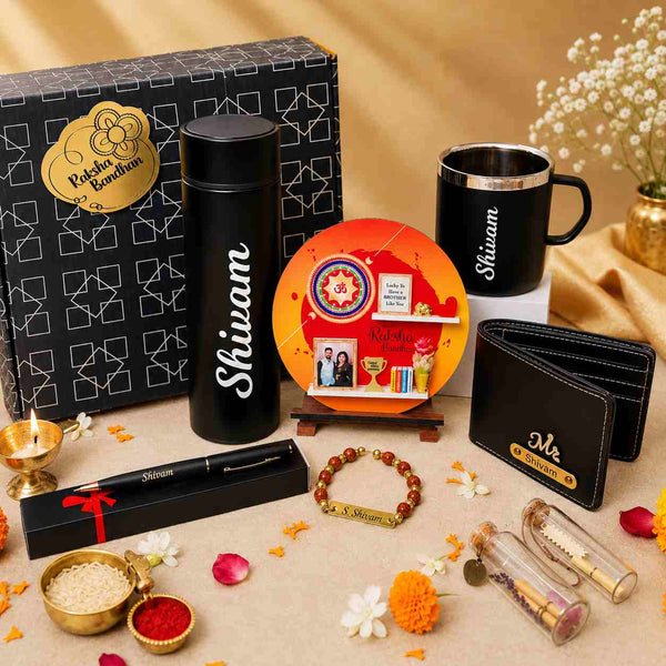 Premium Rakhi gift combo model 24112 with temperature bottle, stainless steel mug, 3D miniature frame, men wallet, pen and Rudraksha name Rakhi
