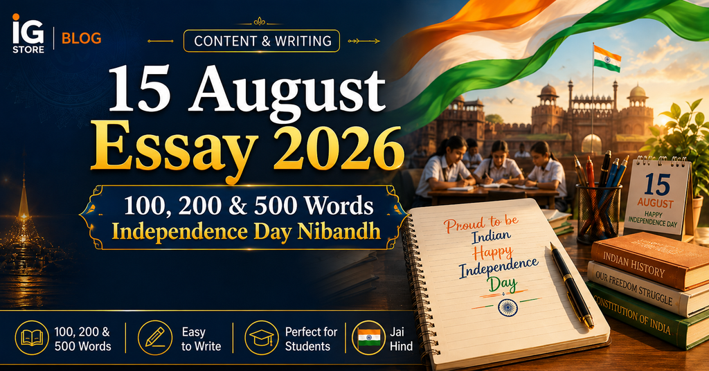15 August Essay 2026 100 200 and 500 words Independence Day Nibandh banner
