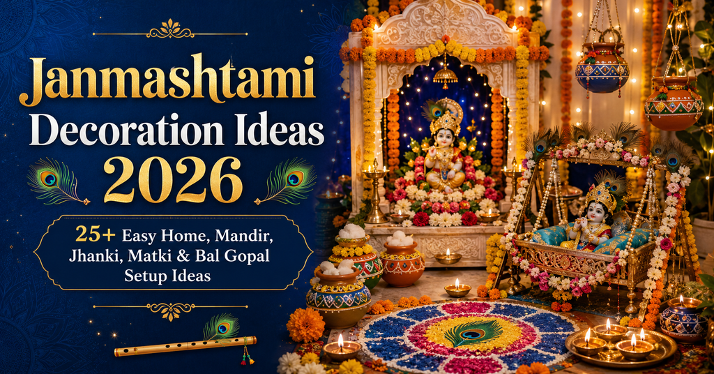 Janmashtami Decoration Ideas 2026 for home mandir Jhanki Matki and Bal Gopal setup