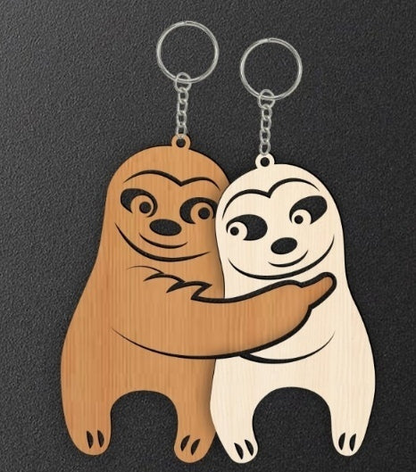 Wooden Sloth Couple Keychain – Cute Lazy Love Hug Keychain for Couples