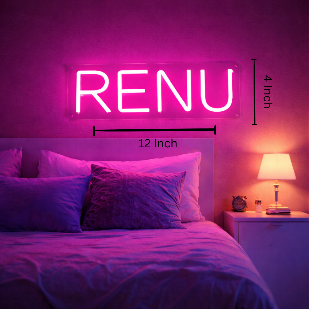 Neon sign with 'RENU' in a bedroom setting

