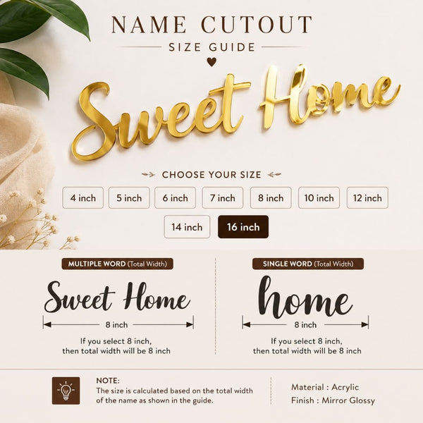 Name cutout size guide with 'Sweet Home' text and size options.