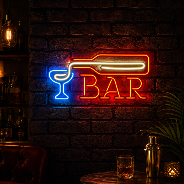 BAR neon wall sign on dark brick wall for pub, restaurant, cafe and home bar decor