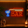 Premium BAR neon sign with bottle and cocktail glass on warm wooden wall for bar and lounge decor