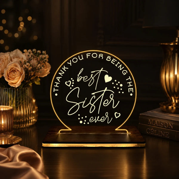 Best Sister appreciation acrylic LED table top lamp with warm golden glow