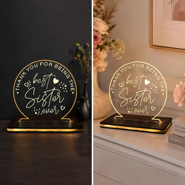 Thank you best sister LED acrylic table lamp in warm cozy room decor