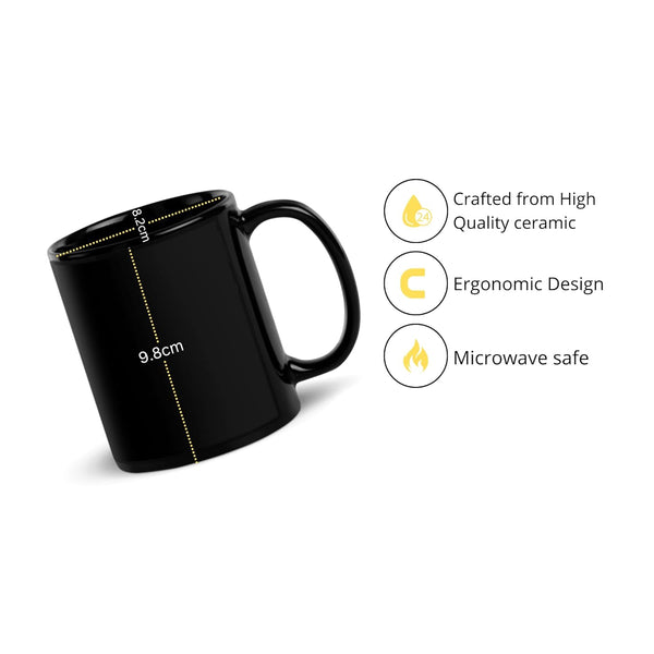 Black mug with measurements and safety features on a white background