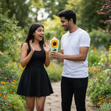 Man holding a sunflower-themed gift box to a woman in a garden setting


