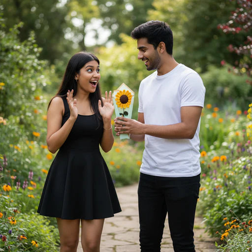 Man holding a sunflower-themed gift box to a woman in a garden setting