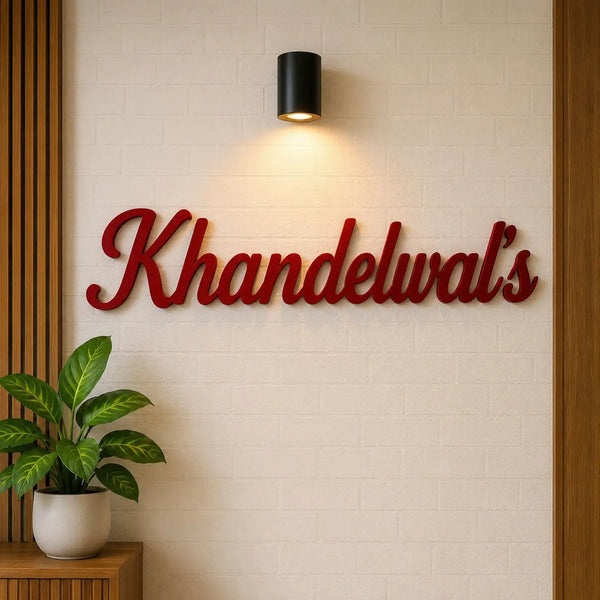 Custom Khandelwal's red wooden name plate for home entrance wall