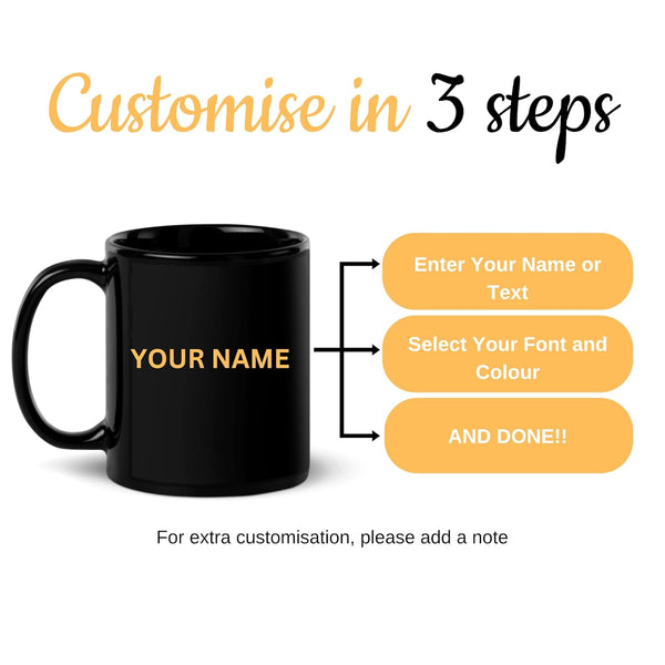 Black mug with customizable text on a white background