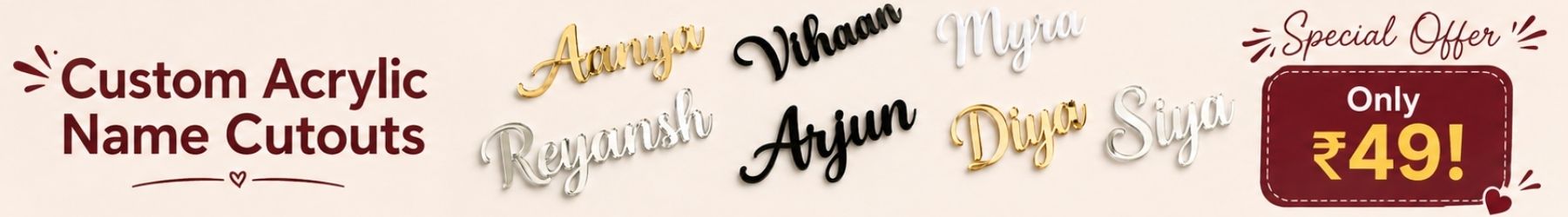 Promotional banner for custom acrylic name cutouts with various names and a special offer.