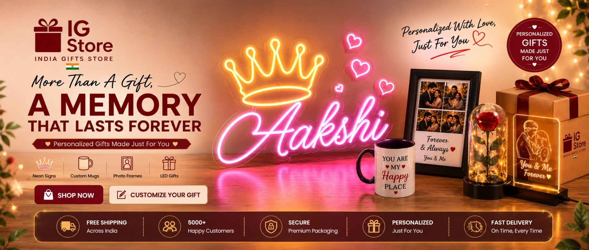Promotional banner for a personalized gift store with neon sign, mug, and photo frame.