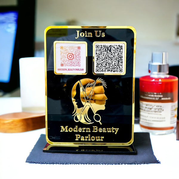 Personalized dual QR acrylic standee for beauty parlour – Instagram and UPI payment display