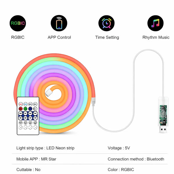 FloRo Magic Neon Light Strip 5M – App Control, Music Sync, Multicolor LED Neon Rope