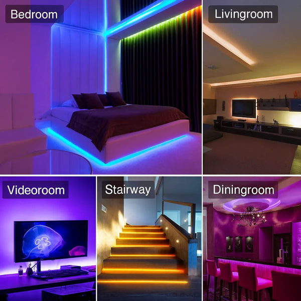 Collage of LED strip lights in different rooms including bedroom, living room, videoroom, stairway, and dining room.