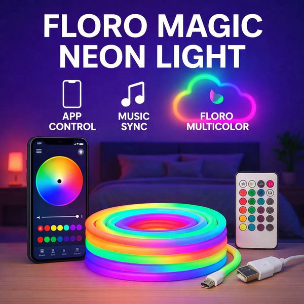 Floro Magic Neon Light set with smartphone app, remote control, and LED strip in a bedroom setting.