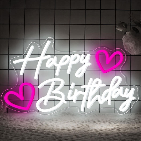 A classy white Happy Birthday neon sign with cute pink hearts, perfect for elegant and minimal birthday décor.