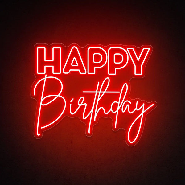 Bold, bright and eye-catching red Happy Birthday neon sign to create a powerful party vibe.