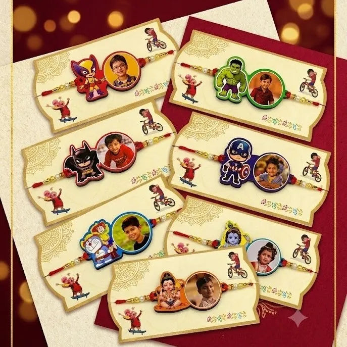 Kids photo rakhi with personalized child photo and cartoon theme options for Raksha Bandhan