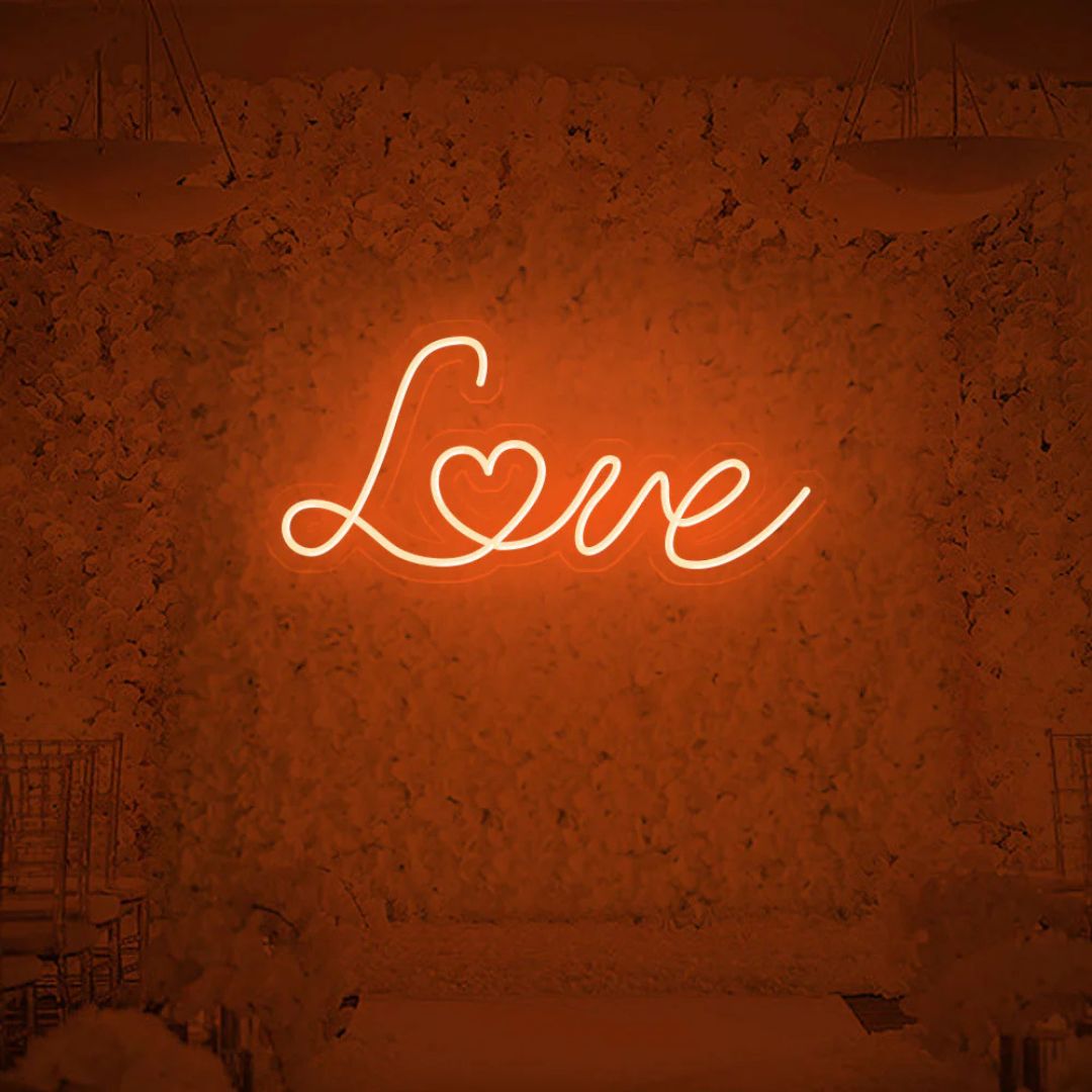 Orange love neon sign for trendy wall decoration