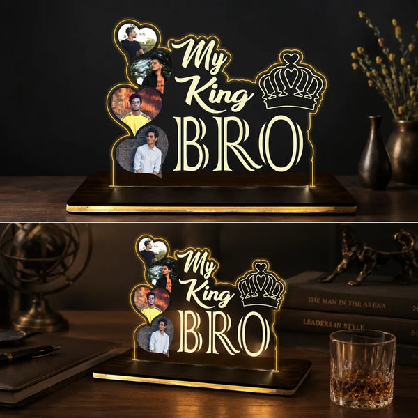 My King Bro personalized photo acrylic LED table top lamp with golden warm glow