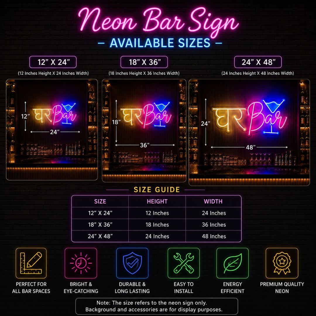 Ghar Bar Neon Sign available size guide showing 12x24, 18x36, and 24x48 inch options.