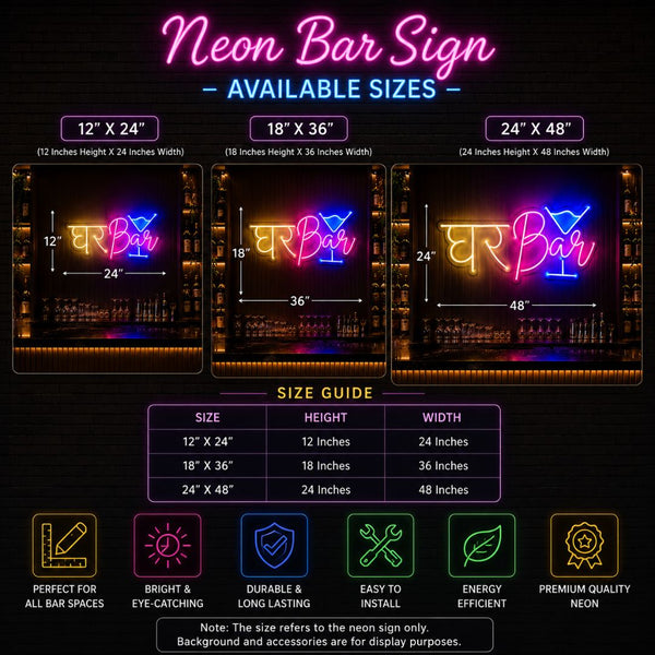 Ghar Bar Neon Sign available size guide showing 12x24, 18x36, and 24x48 inch options.