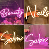 Four neon signs spelling 'Beauty', 'Nails', 'Salon' in various poses with decorative elements.