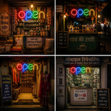 OPEN neon sign displayed in grocery tea clothing and mobile shops