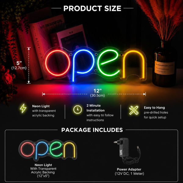 OPEN LED neon sign dimensions package contents and adapter