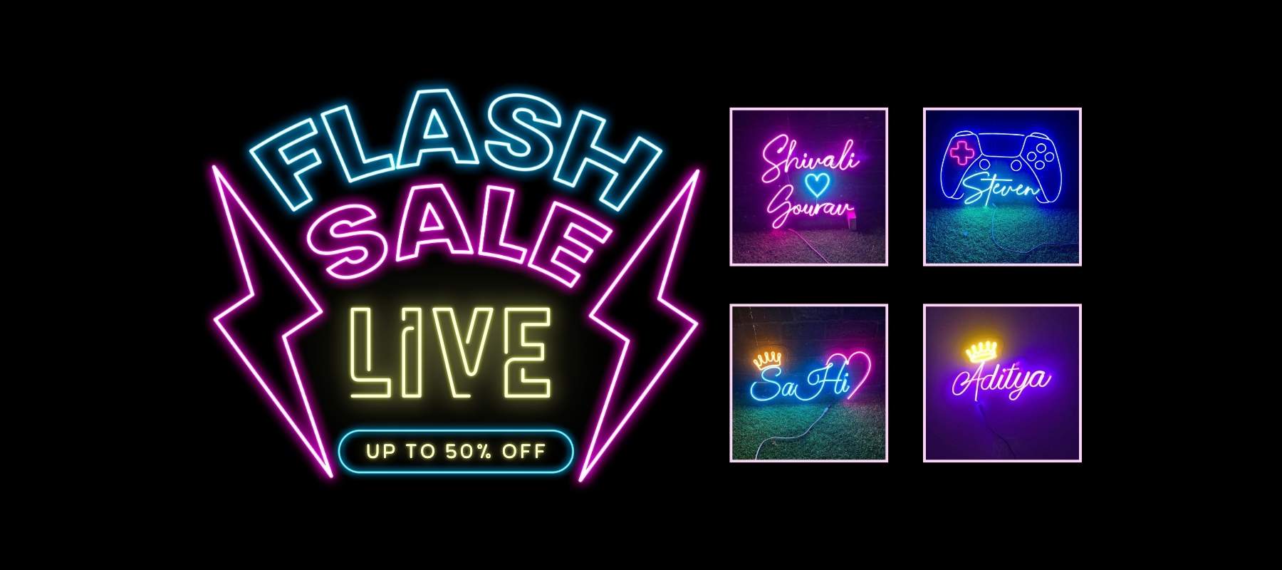 Neon-style 'Flash Sale Live' sign with additional neon signs in the corner on a black background.