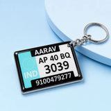 Personalized acrylic gel keychain with custom name and vehicle number plate design on blue background