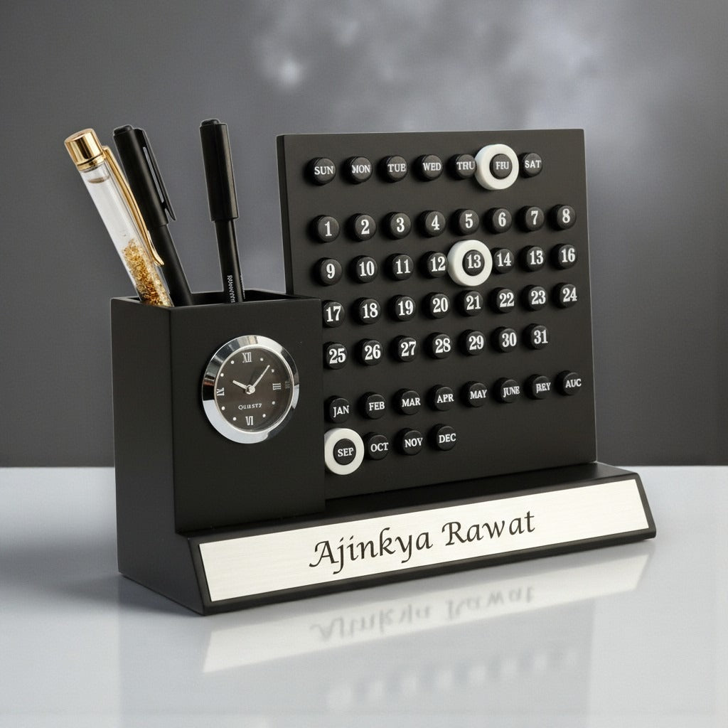 Personalized infinity calendar pen stand with clock and custom name plate for office desk gift