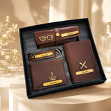 Premium personalized Nexon material gift set in brown with gold name plates and matching accessories