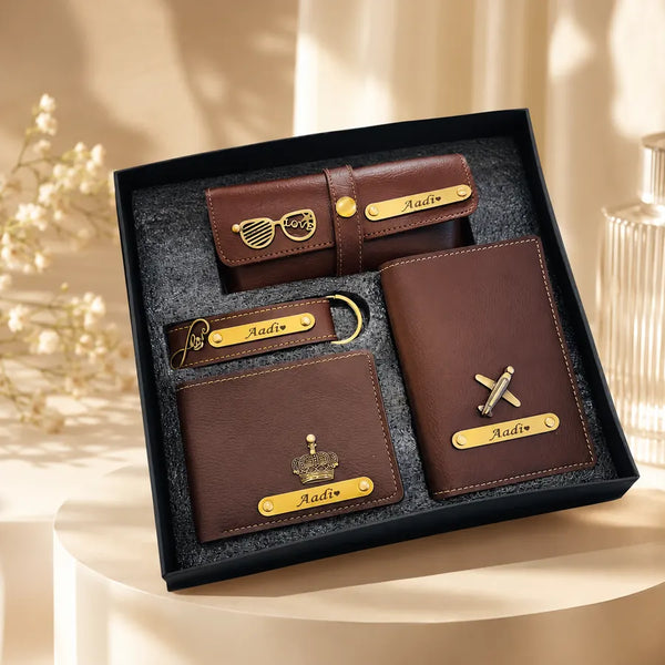 Premium personalized Nexon material gift set in brown with gold name plates and matching accessories