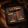 Personalized brown Nexon gift hamper displayed on premium dark wooden background