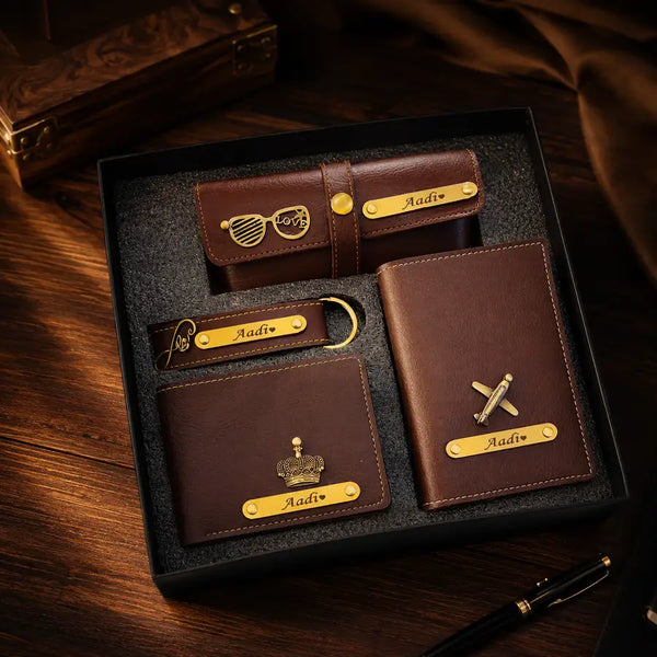 Personalized brown Nexon gift hamper displayed on premium dark wooden background