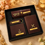 Personalized brown Nexon material gift hamper with wallet, clutch, keychain and passport cover