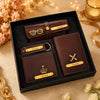 Personalized brown Nexon material gift hamper with wallet, clutch, keychain and passport cover