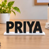 Personalized office table name plate with black 3D letters and white base