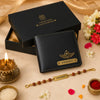 Personalized black wallet and Rudraksha Rakhi combo with premium gift box for brother
