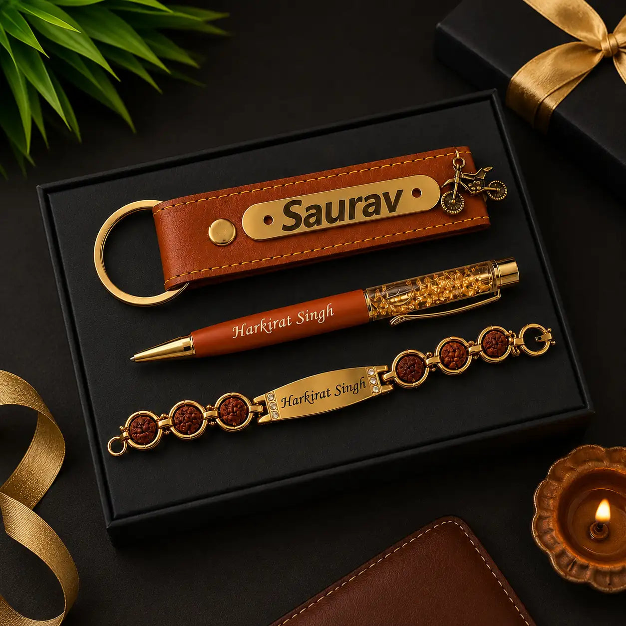 Personalized Rakhi combo with custom name keychain, engraved pen and Rudraksha bracelet in premium gift box