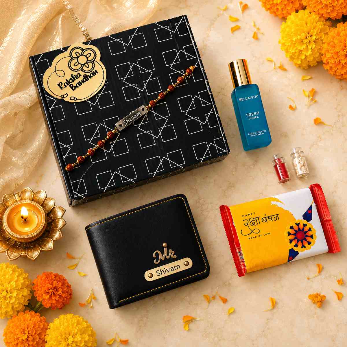 Festive Raksha Bandhan gift set with personalized wallet, name Rakhi, perfume, chocolate and roli chawal bottles