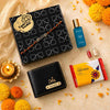 Festive Raksha Bandhan gift set with personalized wallet, name Rakhi, perfume, chocolate and roli chawal bottles