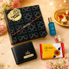 Rakhi gift box for brother with personalized black wallet, Rudraksha name Rakhi, perfume, chocolate and festive roli chawal set