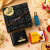 Personalized Rakhi gift hamper for brother with name wallet, Rudraksha Rakhi, perfume, chocolate and roli chawal