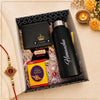 Personalized Rakhi gift hamper in black with 750 ml stainless bottle, Nexon wallet, custom Rakhi, KitKat chocolate, roli chawal and Rakhi card