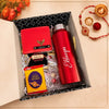 Personalized Rakhi gift hamper in red with 750 ml stainless bottle, Nexon wallet, custom Rakhi, KitKat chocolate, roli chawal and Rakhi card