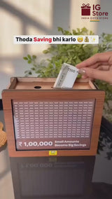 Premium Wooden 1 Lakh Money Saving Box with Gold Frame – Stylish Indian Currency Tracker Bank